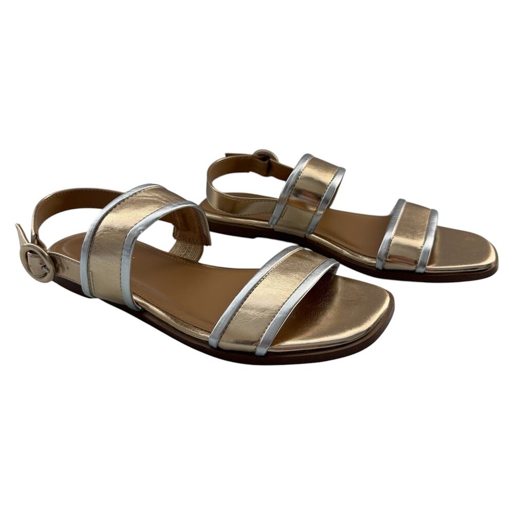J. Crew Factory Double Strap Sandals Gold & Silver Mixed Flat Leather Size 6.5